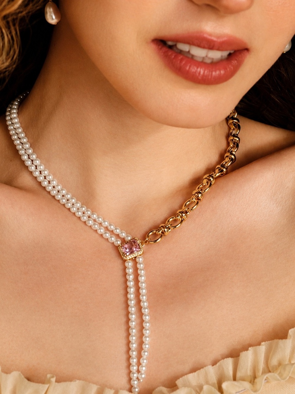 Pearl and Gold Lariat Necklace with pink crystal drop